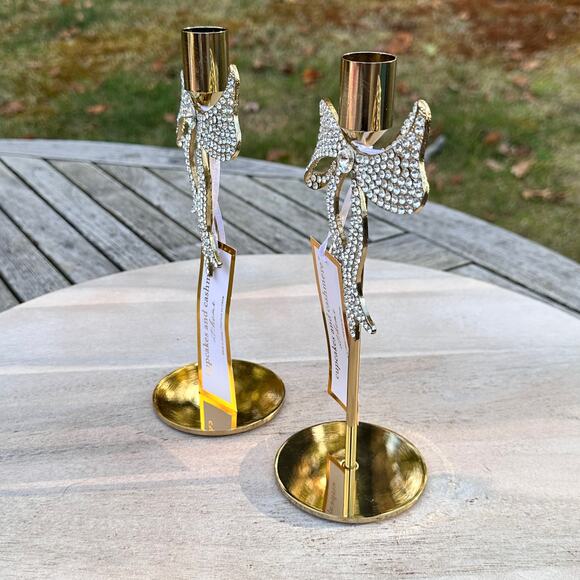 NEW Cupcakes and Cashmere Rhinestone Gold Bow Taper Candle Holders Set of 2 - Picture 5 of 10